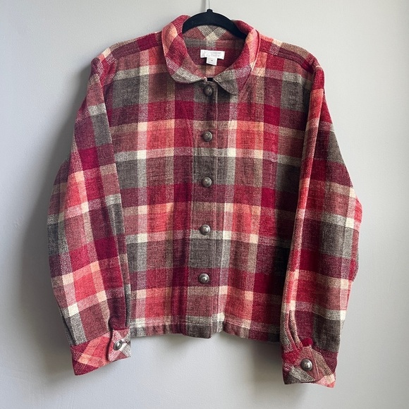 Vintage Jackets & Blazers - Vintage Christopher & Banks Cozy Red Multi Plaid Chenille Oversized Jacket EUC